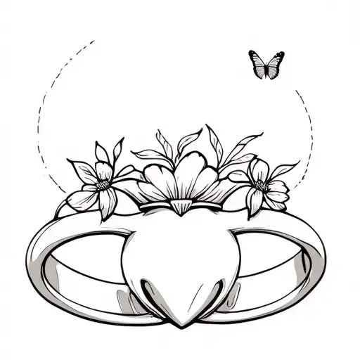 A claddagh ring design with elements of nature like flowers and butterflies tattoo design idea