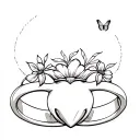 A claddagh ring design with elements of nature like flowers and butterflies tattoo design idea