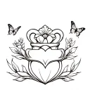 A claddagh ring design with elements of nature like flowers and butterflies tattoo design idea