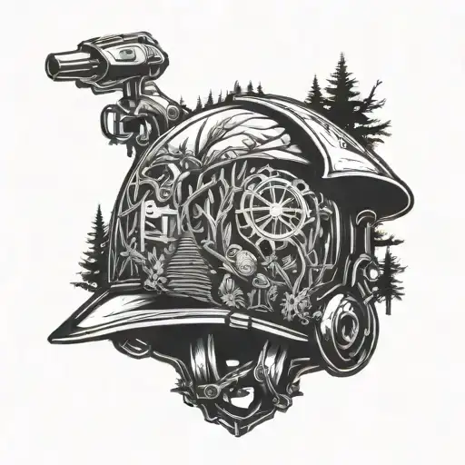 A dirtbike helmet merged with a construction hardhat surrounded by forest elements tattoo design idea