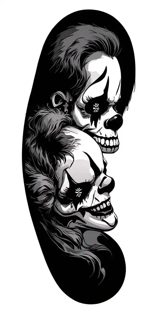 evil clowns with candy skulls facing each other tattoo design idea