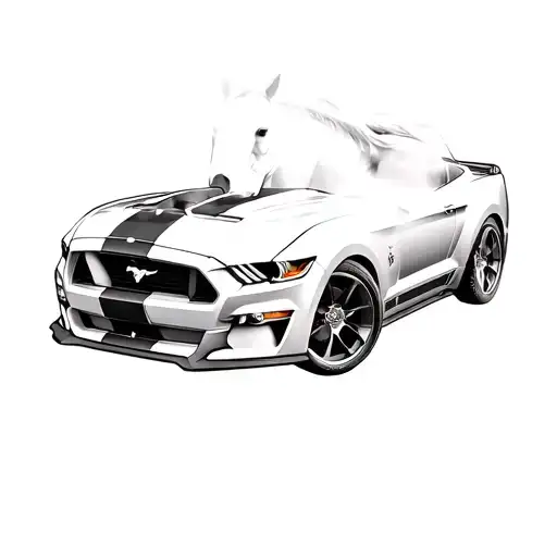 ford mustang logo with a 3d ghosted image of horse in the back ground on its hind legs front legs in the air positioned  tattoo design idea