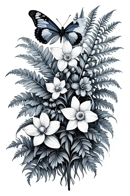 ferns, bluebell flowers, daffodil flowers, and butterflies tattoo design idea