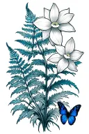 ferns, bluebell flowers, daffodil flowers, and butterflies tattoo design idea