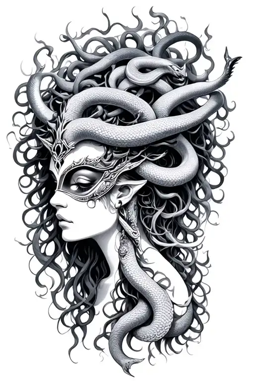 medusa goddess with oni mask, snakes hair tattoo design idea
