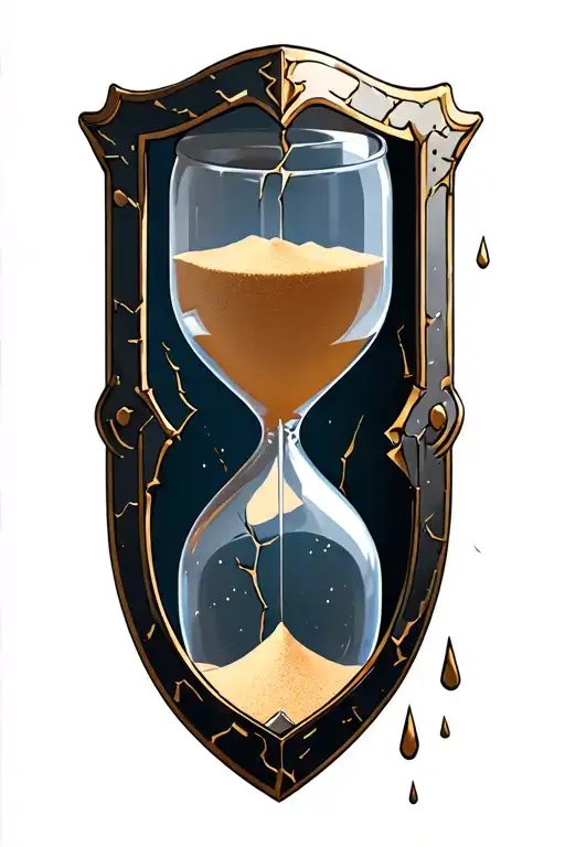 Cracked hourglass behind a shield. Sand still droping down down. Shield in good condition. tattoo design idea