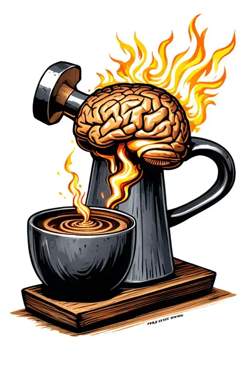 “Forge of the Mind”A coffee mug shaped like a hammer or anvil, with steam forming a brain made of iron.Sparks flying tattoo design idea