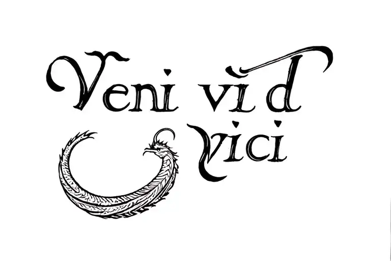 Veni vidi vici tattoo script with a minimal dragon tail from one v and the head from the other end tattoo design idea