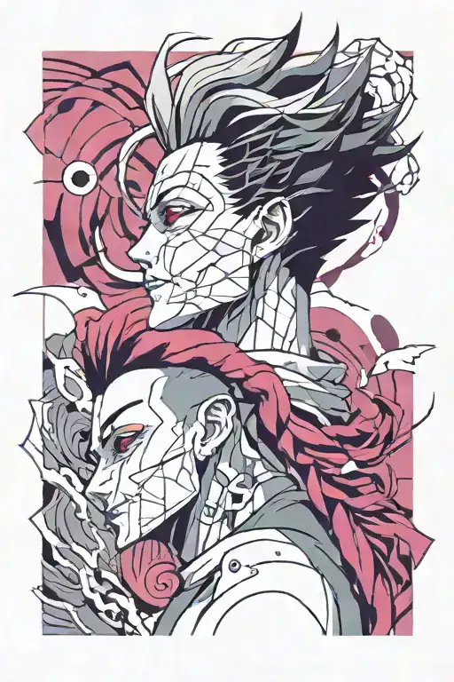 half of hisoka's head the other half of gon's head with a space in between for kirua's figure tattoo design idea