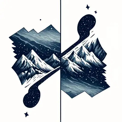 realistic image of big dipper for man and little dipper for woman over mountain range split for couples. tattoo design idea