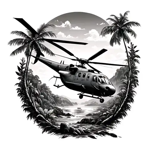 a Vietnam tattoo surrounded by jungle realism in inner bicep or short head with a helicopter in it with no human in it tattoo design idea