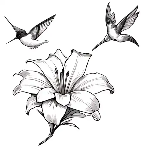 Fine line tattoo sketch. One delicate lily flower in center.  small hummingbird on the bottom left, and a smaller top  tattoo design idea