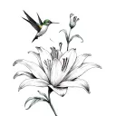 Fine line tattoo sketch. One delicate lily flower in center.  small hummingbird on the bottom left, and a smaller top  tattoo design idea