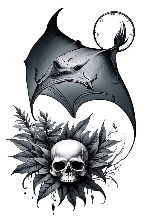 time, skull, nature, manta ray tattoo design idea