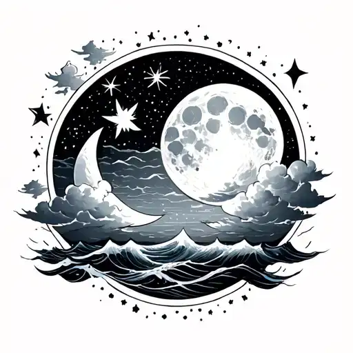 the stars,  the moon on the right, the sun on the left,  the clouds, and the ocean  tattoo design idea