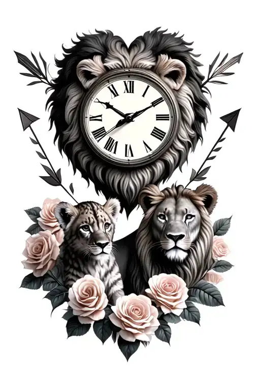 Heart Shaped Clock with arrows going through 6:35 Lion and Lion Cub surrounded by roses tattoo design idea