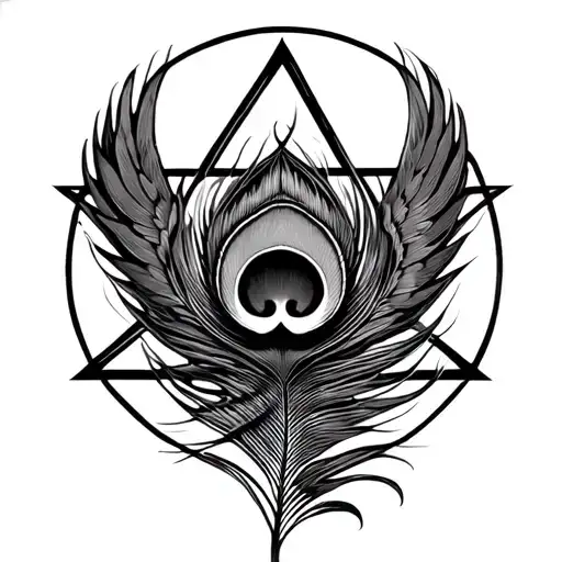 peacock feather in a middle of a pentagram with wings tattoo design idea