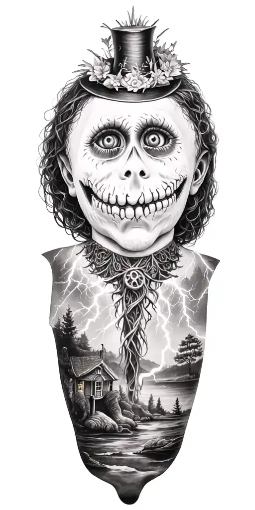 freya stiched whole body voodoo puppet with cylinder hat and lightining storm and vegvisir and nature tattoo design idea