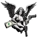angel with guns money drugs tattoo design idea
