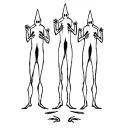 Minimal blackwork line art tattoo stencil. Four ghost-like humanoids with pointy ears on top. Poses waving or with hands on chest. Two shadow clones of the same shape below. Walking on all fours. Exaggerated hands and feet. Bold outline. Black silhouette. Monochrome. tattoo design idea