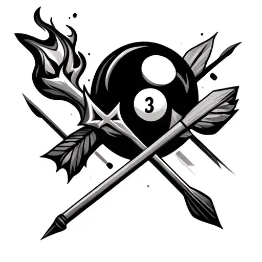 fire, cross, dart arrow and a black snooker ball tattoo design idea