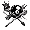fire, cross, dart arrow and a black snooker ball tattoo design idea