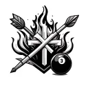 fire, cross, dart arrow and a black snooker ball tattoo design idea