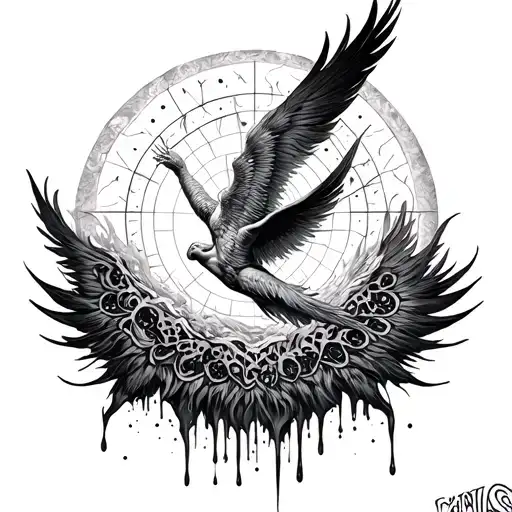Icarus falling in front of massive sun with sacred geometry design and melting wax feathers tattoo design idea