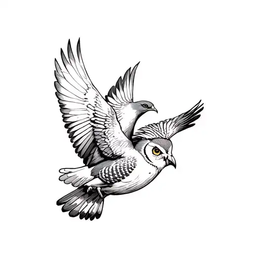 A pigeon and an owl flying fiercefully together symbolizing the client's parents always looking after him tattoo design idea