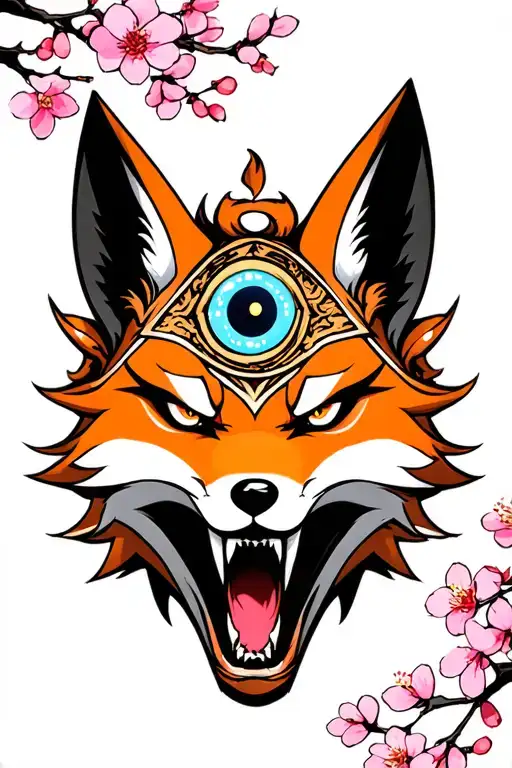 menacing kitsune mask with 3rd eye on the forehead surrounded by cherry blossoms tattoo design idea