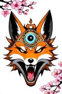 menacing kitsune mask with 3rd eye on the forehead surrounded by cherry blossoms tattoo design idea