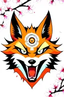 menacing kitsune mask with 3rd eye on the forehead surrounded by cherry blossoms tattoo design idea