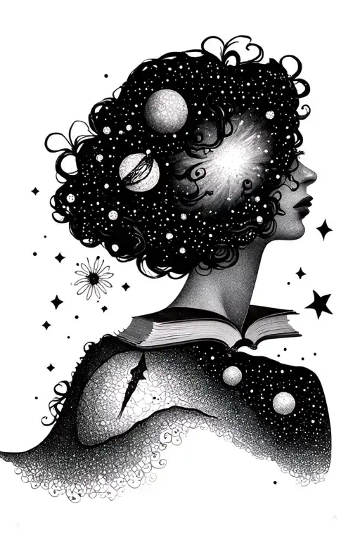 feminine bookish theme with space elements tattoo design idea