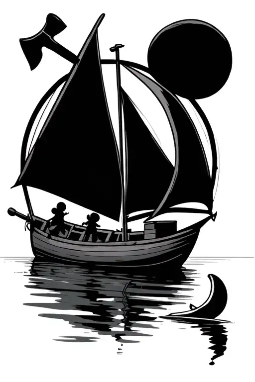 small sail boat with axe taking over and a minnie mouse ears tattoo design idea