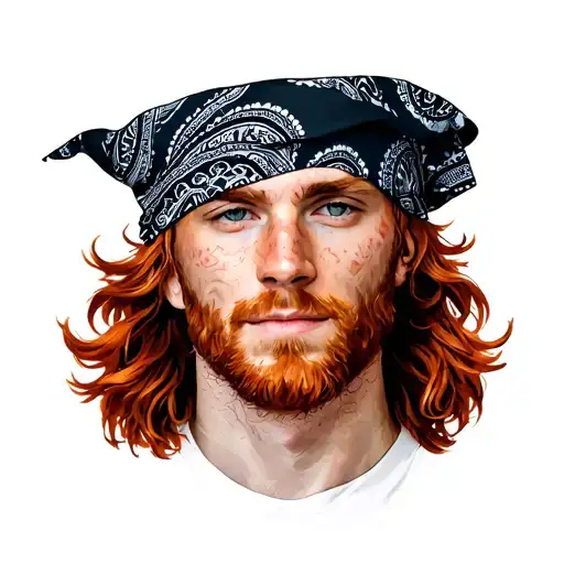 man with red slightly curly hair with Paisley printed rolled flat bandana around head hair showing on top of head  tattoo design idea