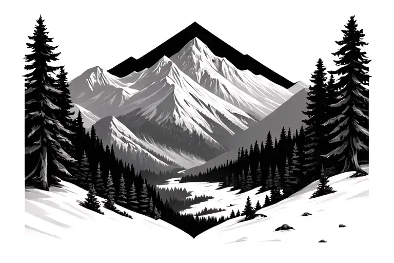 alpine forest landscape with less detail black and white tattoo design idea