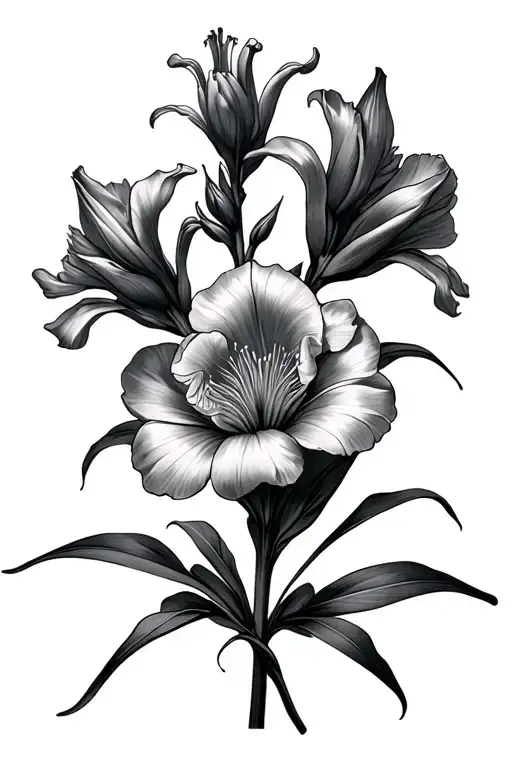 tricep tattoo. 5 gladiolus flowers on stem. Masculine on back of tricep arm. Realistic and spread out. Dark shading tattoo design idea