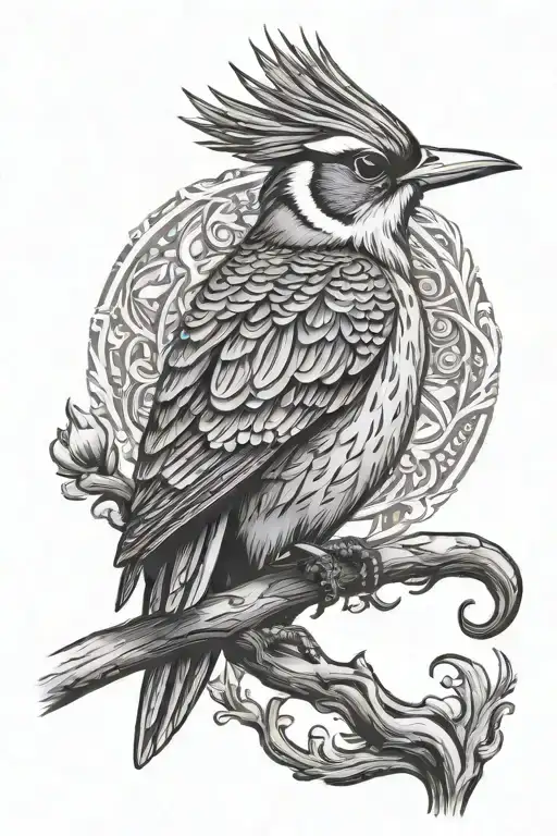 A spiritual and powerful tattoo design featuring a three-eyed deity symbolizing intelligence and loyalty, combined with a woodpecker symbolizing strength and perseverance tattoo design idea