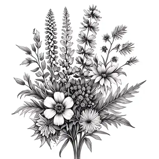 wildflower collage tattoo featuring lupine, bergamot, mockorange, ponderosa pine, prairie smoke tattoo design idea