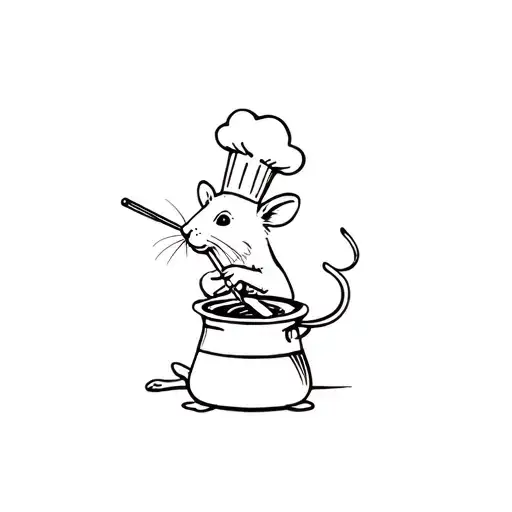 a rat stirring a cooking pot with a chefs hat, fineline tattoo tattoo design idea