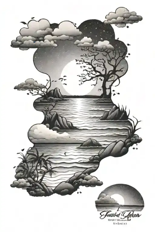 Design a scenic tattoo of a beach sunset with Frank Ocean lyrics incorporated in dotwork style tattoo design idea