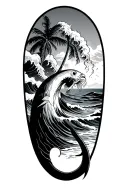 waves with beach and makau fish hook coming tattoo design idea