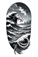 waves with beach and makau fish hook coming tattoo design idea