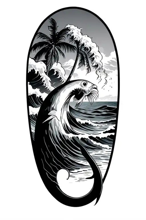 waves with beach and makau fish hook coming tattoo design idea