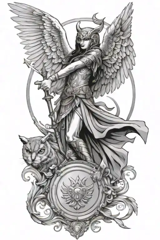 fighting Athena holding spear and shield with owl flying tattoo design idea