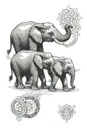 Two elephants, one large protecting a small one, facing forward. The larger elephant wraps its trunk around the small on tattoo design idea
