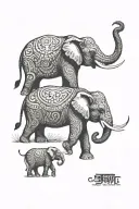 Two elephants, one large protecting a small one, facing forward. The larger elephant wraps its trunk around the small on tattoo design idea