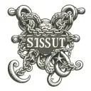 words "sissy slut" with a chain intertwined in the letters with both ends of the chain locked by a pad lock. tattoo design idea