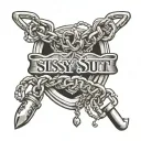 words "sissy slut" with a chain intertwined in the letters with both ends of the chain locked by a pad lock. tattoo design idea