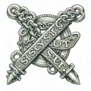 words "sissy slut" with a chain intertwined in the letters with both ends of the chain locked by a pad lock. tattoo design idea